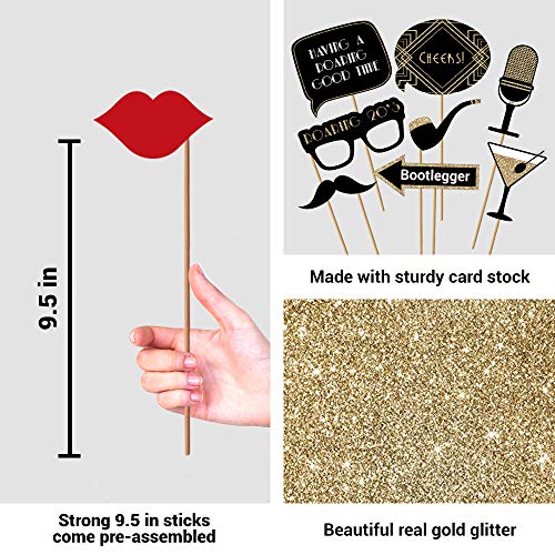 Fully Assembled Roaring 20s Photo Booth Props - Set of 30 - Black & Gold Glitter Selfie Signs - Great Gatsby Themed Party ...