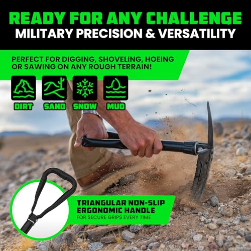 RHINO USA Folding Survival Shovel w/Pick - Heavy Duty Carbon Steel Military Style Entrenching Tool for Off Road, Camping, ...