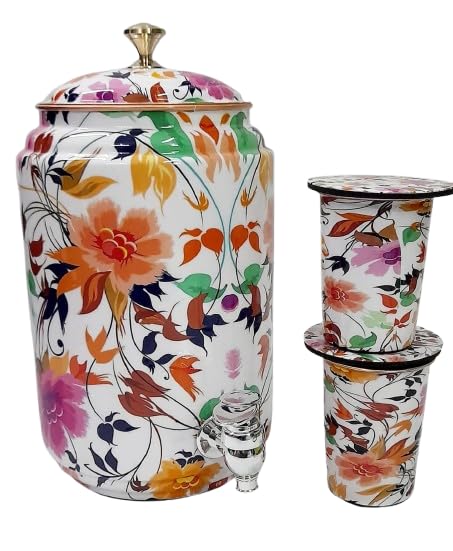 Ornate International Pure Copper Water Dispenser 5 Litre (5000ml) with Stand & Tap | Floral Printed Design | Includes 2 Co...
