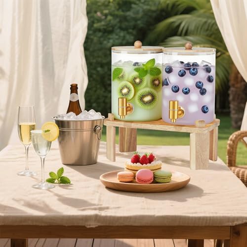 2 Pack Drink Dispenser with Wood Stand, Glass Beverage Dispenser with Spigot and Labels, Glass Water Dispenser for Partie...