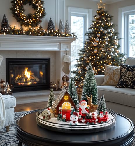 Oroyutor 12 Pcs Christmas Village Set - 13" Oak Wooden Lazy Susan with Santa Train, House & Trees – Indoor Christmas Cente...