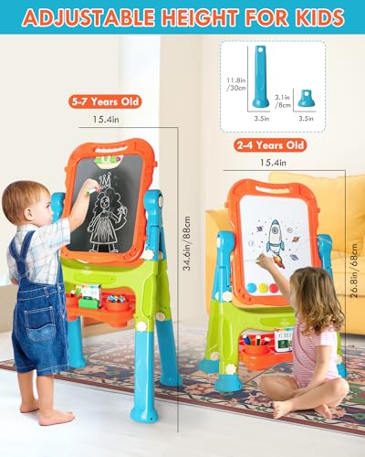 Lehoo Castle Easel for Kids, 4 in 1 Double Sided Kids Art Easel with Magnetic White Board & Chalk Board, Adjustable Standi...