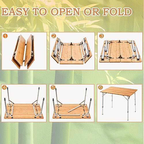 KingCamp Bamboo Camping Table Folding Table with Adjustable Height Aluminum Legs Heavy Duty 176lbs 4-Fold Portable Foldabl...