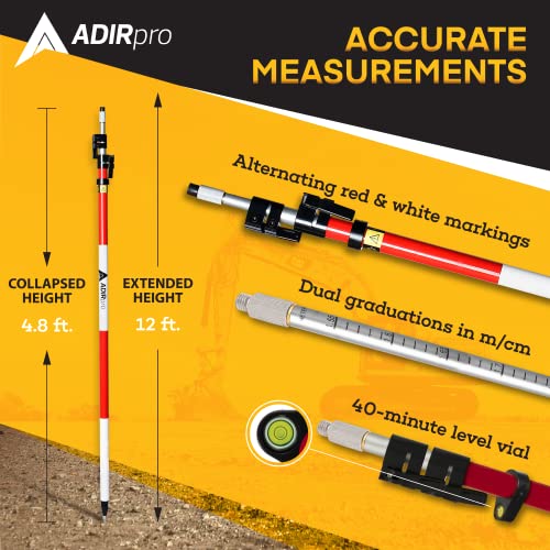 AdirPro Aluminum Prism Pole - Telescopic 12’ (3.7m) – Fixed Adapter Tip – Quick Release Clamp - Metric Graduation - Strong...