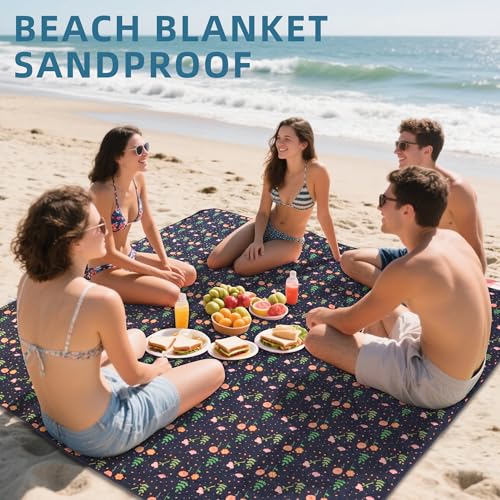 80x80” Double Thickened Picnic Blankets(150g High Density Cotton Stuffed) Navy Blue Floral Pattern Outdoor Picnic Mat Port...