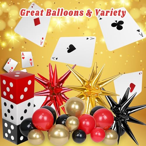 Casino Balloon Arch Garland Kit with Red Black and Gold Balloons Dice Boxes Random Pokers for Birthday Casino Night Las Ve...