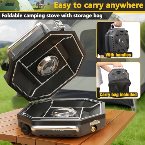 Camping Stove Propane, 2 Burner Camp Stove, 20,000 BTU Propane Camping Stoves, Portable Gas Stove with Windscreen, Storage...