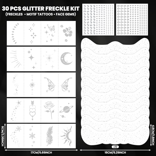 30PCS Glitter Freckles Face Tattoos & Face Gems Set, Classic Silver Glitter Temporary Tattoos for Valentine's Day Makeup, ...