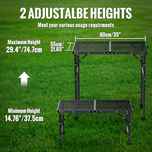 GARLLEN Folding Grill Table, 2-Height Adjustable Folding Camping Table with Heat-Resistant Wider Tabletop, Portable Alumin...