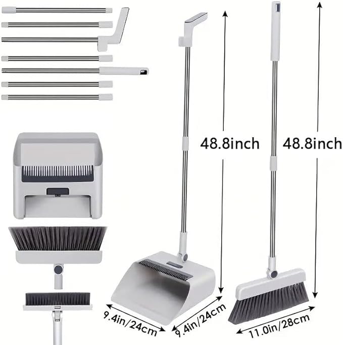 Broom with Dustpan Combo Set, 3 in 1 for Sweeping Indoor and Push Broom Outdoor with Dust Pan, 14.2 to 48.8 inch Adjustable Long Handle Broom and Dustpan Set (Light Grey)
