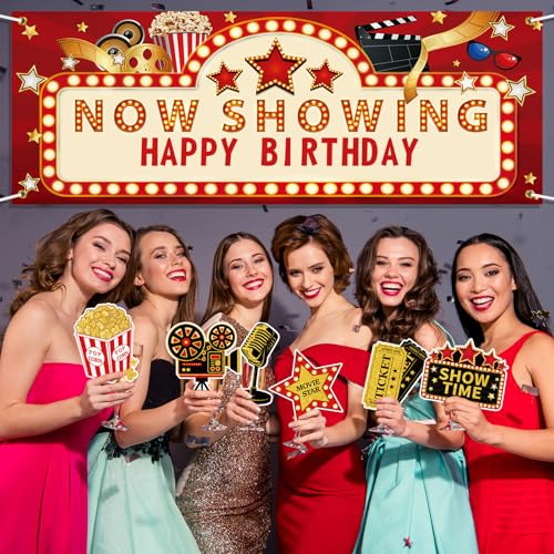 11 Pieces Movie Night Party Decorations Now Showing Banner Photography Background Movie Night Cutouts Double Sided Printin...