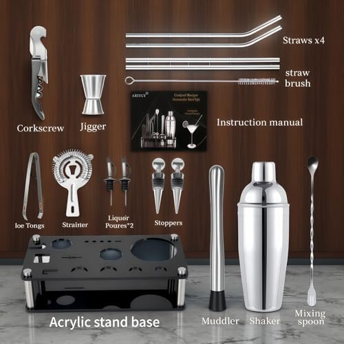 ARTFLY 18-Piece Professional Cocktail Shaker Set and Bartender Kit with Stand, Stainless Steel Bar Tools Gift Set with Mud...