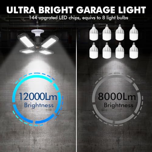 Tudoccy LED Garage Light 4 Pack, 120W Ultra Bright LED Shop Light with 4 Adjustable Panels, 12000LM E26/E27 Base Deformabl...