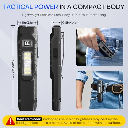PASIION EDC Tactical Flashlight, Flat Flashlights Rechargeable,Dual-Switches LED Small Flashlight with Digital Display,Sta...