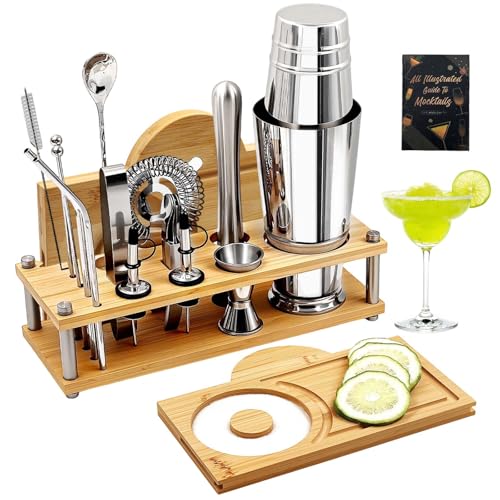 Daily Treasures Professional Cocktail Shakers Set with Bamboo Display Stand & Margarita Salt Rimmer,16-Piece Bartender Kit...