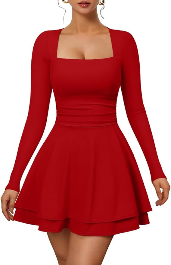 XXTAXN Women’s Sexy Long Sleeve Square Neck Flowy Hem Ruched High Waist Party Mini Dress with Side Pocket