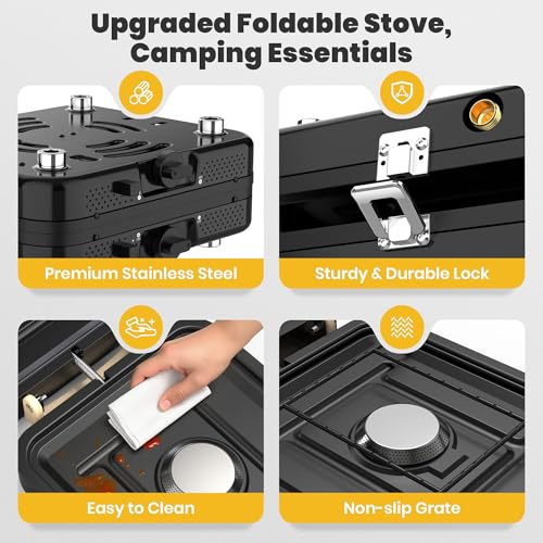 Camp Stove Propane, 2 Burner Folding Propane Camping Stove with Carrying Bag, Adjustable High Heat Burners & Piezo Push-Bu...
