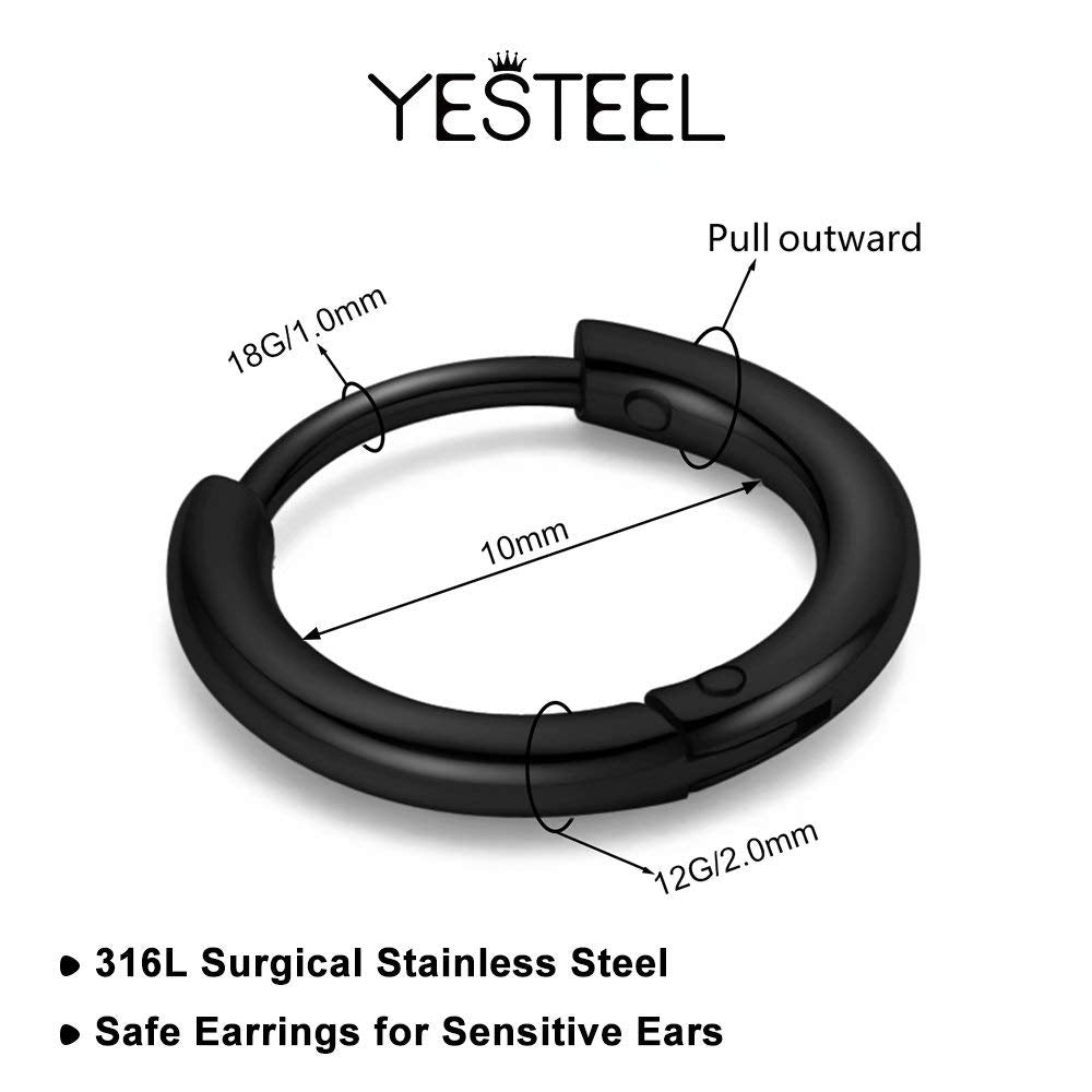 10MM Surgical Steel Hoop Earrings, Black Huggie Earring Sleeper Cartilage Earring for Women, Dainty 316L Surgical Steel Hoop Ear