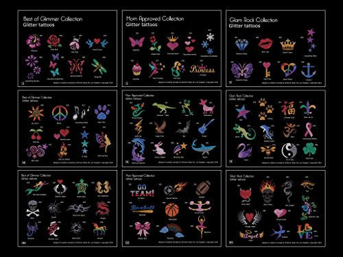 Glimmer Body Art Temporary Tattoo Party Kit – 75 Stencils, 2 Skin-Safe Glues, 2 Brushes – Perfect for Kids, Events, & Fest...