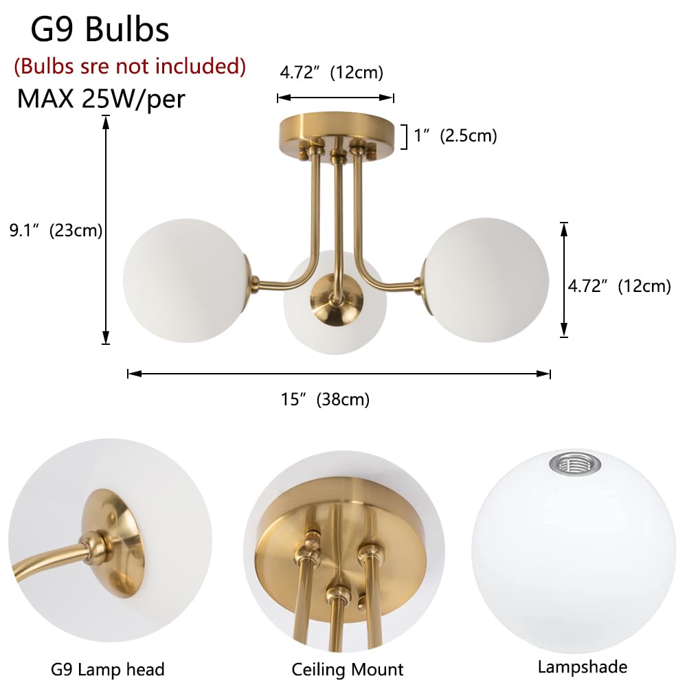 Hoengles Modern Semi Flush Mount Ceiling Light,Globe Milk Glass Shade Brushed Brass Finish Ceiling Light 3-Light with Ceramic Base,Sputnik Chandeliers for Bedroom Hallway Dining Room Lighting Fixture