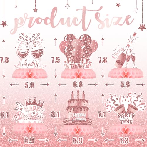 Pink Rose Gold Party Decorations, 12Pcs Pink Rose Gold Honeycomb Birthday Decorations, Elegant Rose Gold Table Toppers Par...