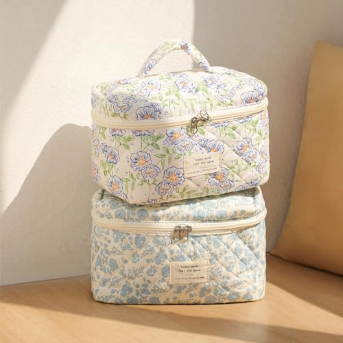 uekeboag Large Travel Quilted Makeup Bag for Women, Floral Cotton Cosmetic Bag, Coquette Aesthetic Floral Toiletry Organiz...