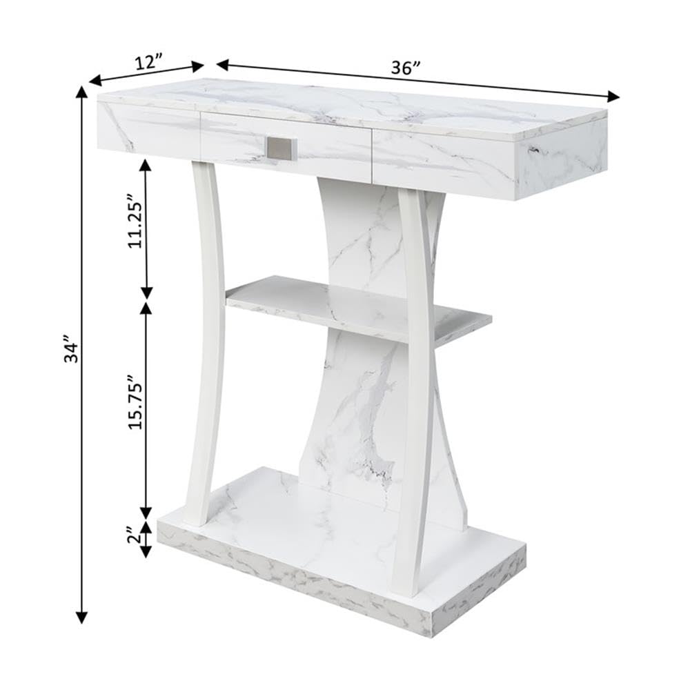 Convenience Concepts Newport Harri Console Table 36" - Modern Sofa Table with Storage Shelves, One Drawer Narrow Entryway Hall Table for Living Room, White Faux Marble/White