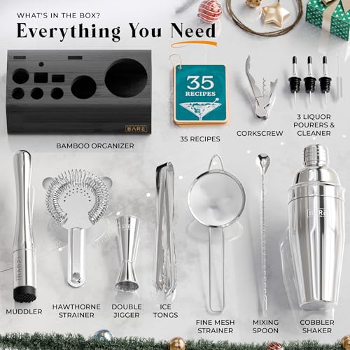 BARE BARREL® Mixology Bartender Kit Bar Set | 14-Piece Cocktail Shaker Set | Martini Barware Mixing Tools for Home Bartend...