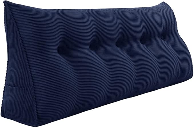 Wedge Headboard Pillow Dorm Room Reading Pillow Back Support for Sitting Up in Bed Bolster Lumbar Cushion Body Positioning Bedrest Corduroy (Navy Blue, Queen (59 * 8 * 20in))
