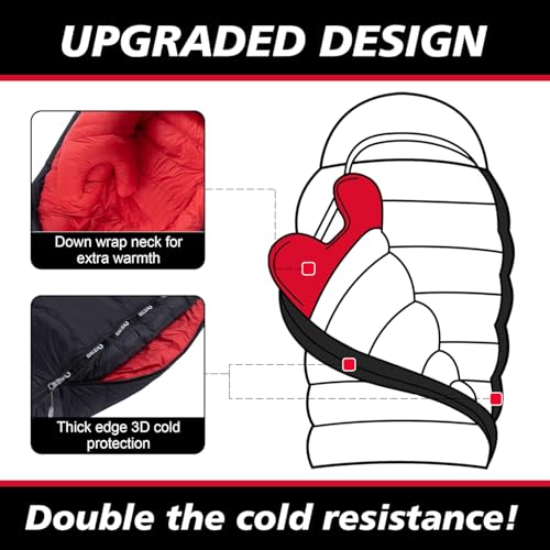 QEZER 0 Degree Sleeping Bag for Adults 650 Fill Power Down Sleeping Bag for Cold Weather -20F / -8F / 0F / 10F Large Light...