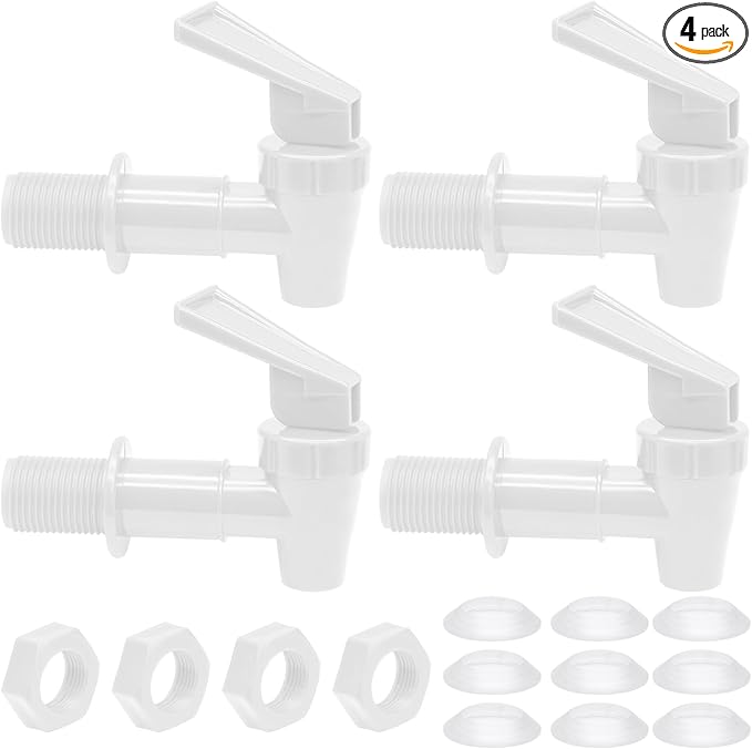 Rierdge 4 Pcs White Plastic Water Spigot Spout, Replacement Cooler Faucet Water Dispenser Tap Set, Water Beverage Lever Po...