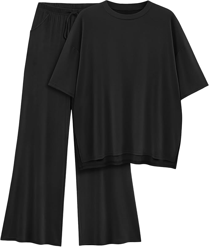 AmazingStar Womens Lounge Set 2026 Summer 2 Piece Outfits Oversized Short Sleeve Tops & Wide Leg Pant Matching Sets Clothing
