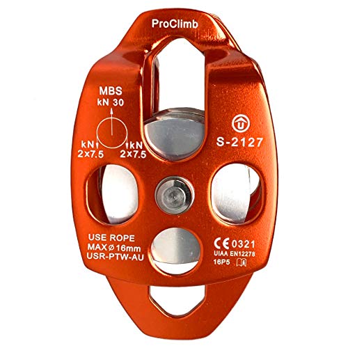 ProClimb 30kN Large Aluminum Rope Pulley - Single/Double Sheave, CE/UIAA Certified