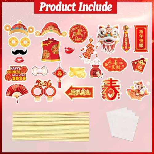 Happy Chinese New Year Photo Booth Props- 24Pcs 2026 Lunar New Year Photo Booth Props, 2026 Chinese New Years Party Suppli...