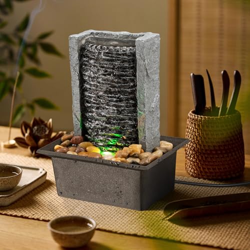 Tabletop Fountain Indoor Waterfall Rock Fountain LED-Lights Water Feature Waterfall for Modern Home and Office Indoor Deco...