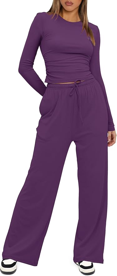 Darong Women's 2 Piece Outfits Lounge Sets 2026 Long Sleeve Tops Wide Leg Pants Casual Matching Set