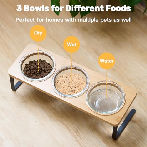 Lawfery Elevated Cat Bowls, 15° Tilted Cat Food Bowl, Includes 3 Glass Bowls, Bamboo Board, and Metal Stand for Cats and P...