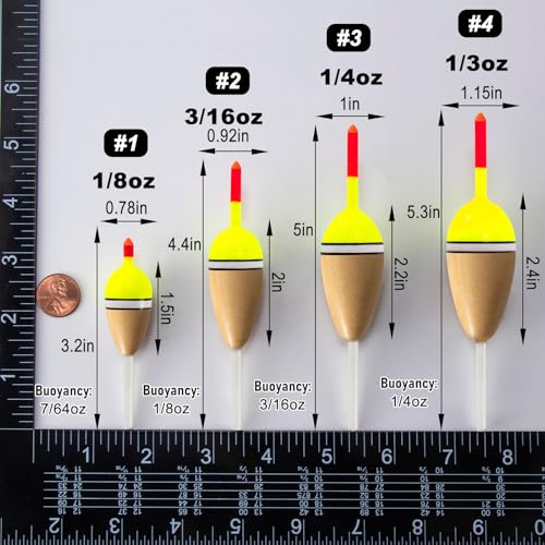Alwonder 4-Pack Bobbers for Fishing, Buoyant Balsa Wood Body Slip Bobbers Floats, Oval High Sensitive Slip Bobber for Fish...
