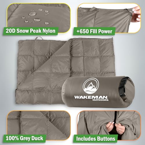Down Camping Blanket Packable 78x52” Ultralight Compact Travel Blanket with Bag - Puffy Wearable Sleeping Gear for Camp, H...