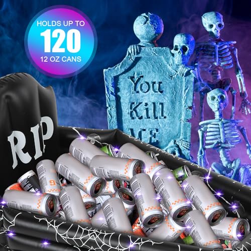 Tanlade 40 Inch Halloween Coffin Drink Cooler 120+cans Large Capacity with Suction Cup and String Light Inflatable Coffin ...