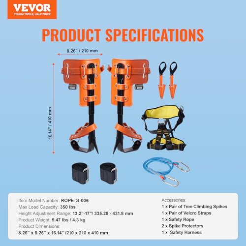 VEVOR Tree Climbing Spikes Set, 1 Pair Height-Adjustable Climbing Spurs with Security Harness and Utility Rope, 350lbs Loa...