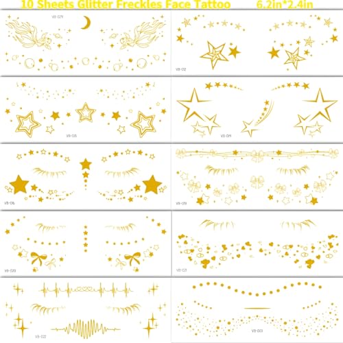 10Pcs Gold Glitter Star Freckles Tattoo Sticker,Faux Freckle Patches Waterproof Temporary Tattoos Heart Design,Gold Glitte...