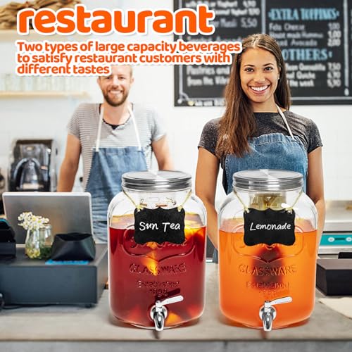 2 PCS 2 Gallon Drink Dispensers - Glass Peverage Dispenser for Parties with 18/8 Stainless Steel Spigots, Lemonade Dispens...