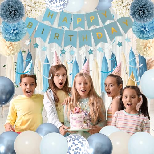 Dusty Blue Party Decorations with Blue Sand Gold Balloons, Happy Birthday Banner, Paper Pompoms, Star Banner for Boys Kids...