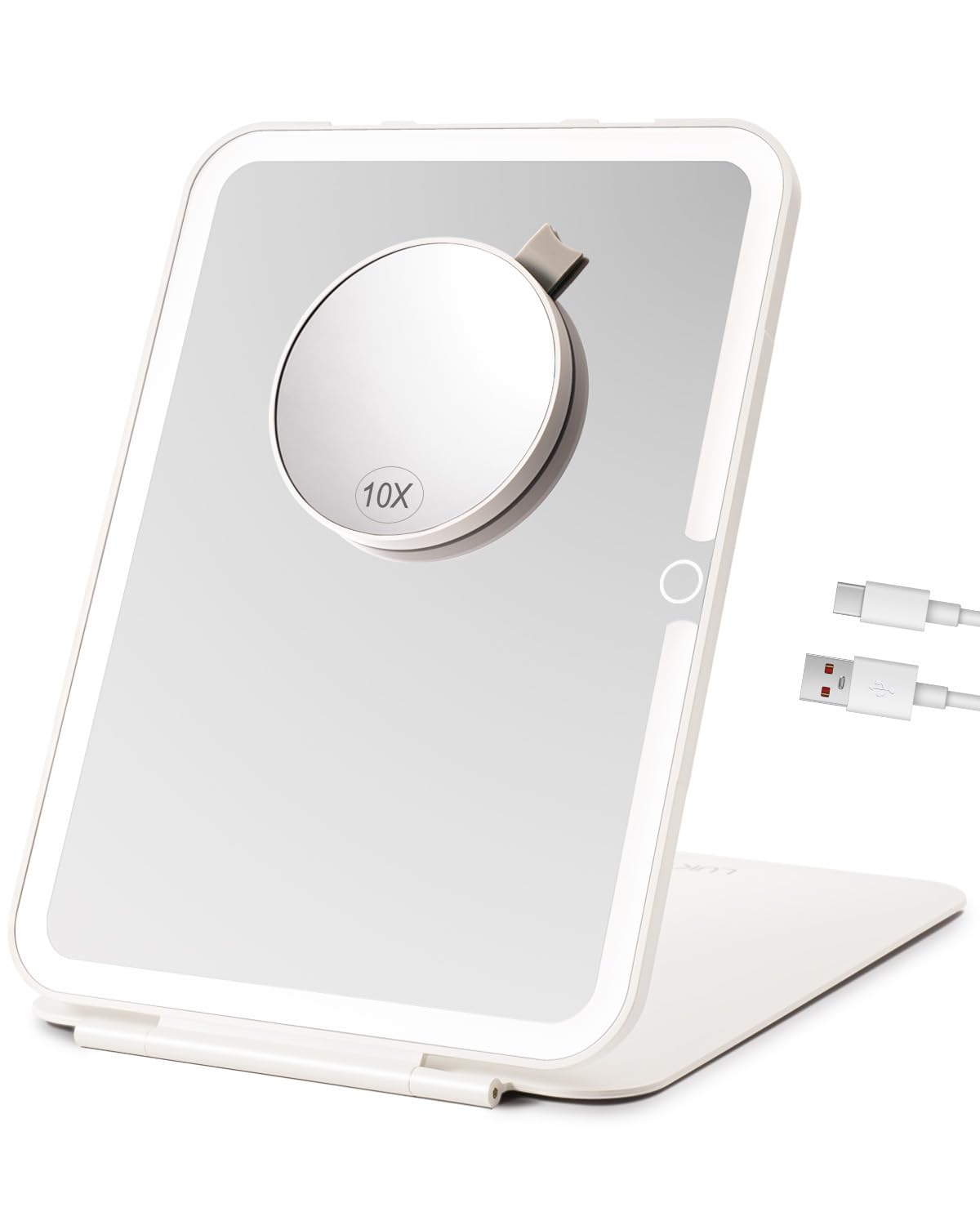 LUKYMIRO 7x9.5 Inches Lighted Travel Mirror with 10X Magnifying Round Mirror, Rechargeable Battery, USB-C Charging, 78 LEDs, Tab