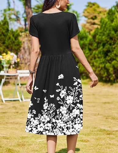 Zeagoo Women Summer Short Sleeve Midi Dress with Pockets Casual Aline Flowy Tshirt Dress Floral Vocation Beach Sundress