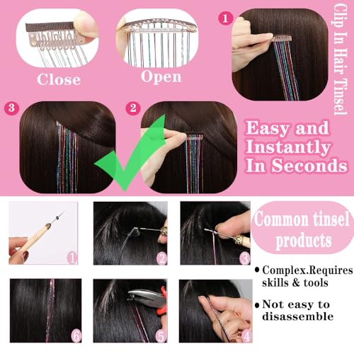 Hair Tinsel 12 Pcs Clip in Hair Tinsel Kit for Girls 22 Inch Glitter Fairy Tinsel Hair Extensions Colorful Heat Resistant ...