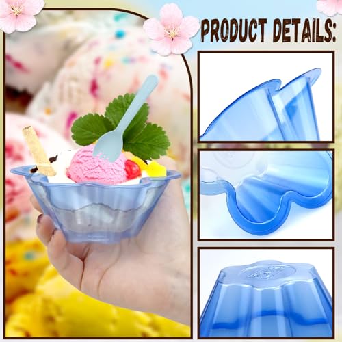 Vmiapxo 100 sets 8 oz Disposable Ice Cream Bowls and Spoons, Flower Shape Plastic Sundae Cups, Ice Cream Bar Supplies, Col...
