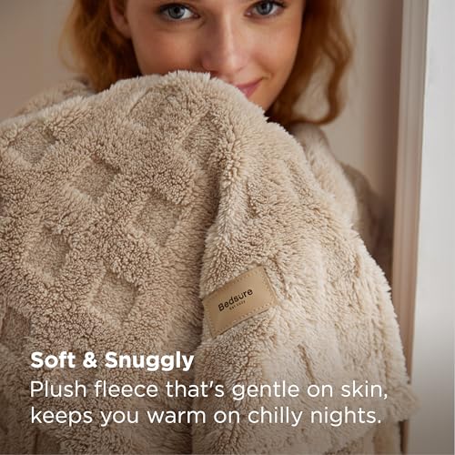 Bedsure Tan Throw Blanket for Couch - GentleSoft Fleece Cozy Waffle Blanket for Sofa Bed Room Decor, Super Fluffy Checkere...