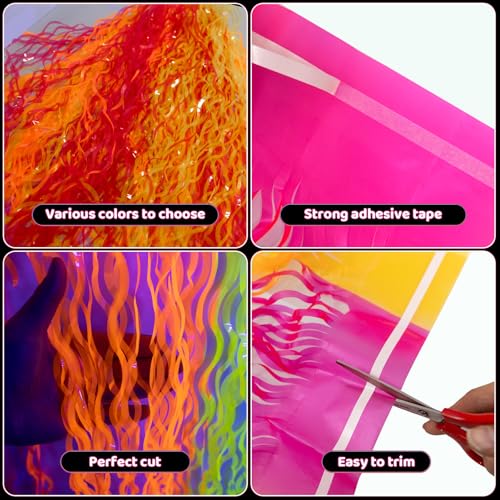 PIGETALE Glow in The Dark Party Supplies, 2 Pack Neon Fluorescent Wavy Metallic Tinsel Foil Fringe Table Skirts, 29.5x108 ...